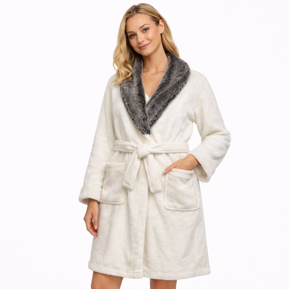 Cervantes Plush Shawl Collar Faux Fur Trim Belted Robe Ivory Gray L/XL